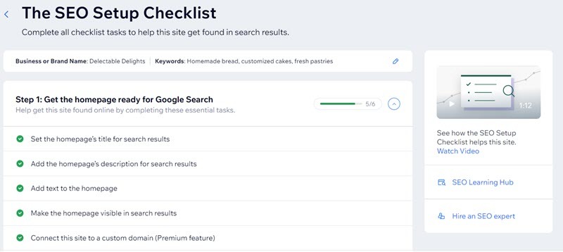 [Screenshot: Wix SEO Setup Checklist showing the list of optimization steps]