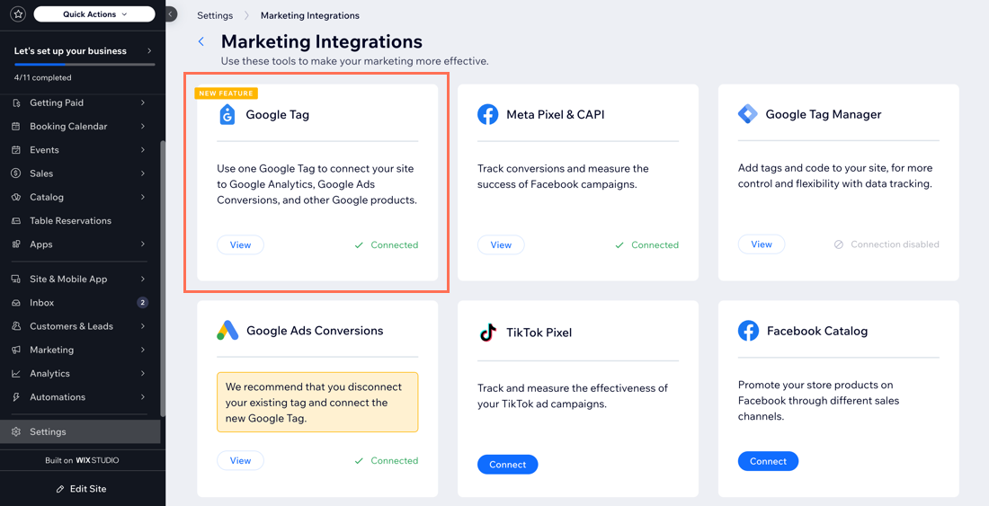 [Screenshot: Wix Marketing Integrations page showing the Google Analytics connection option]