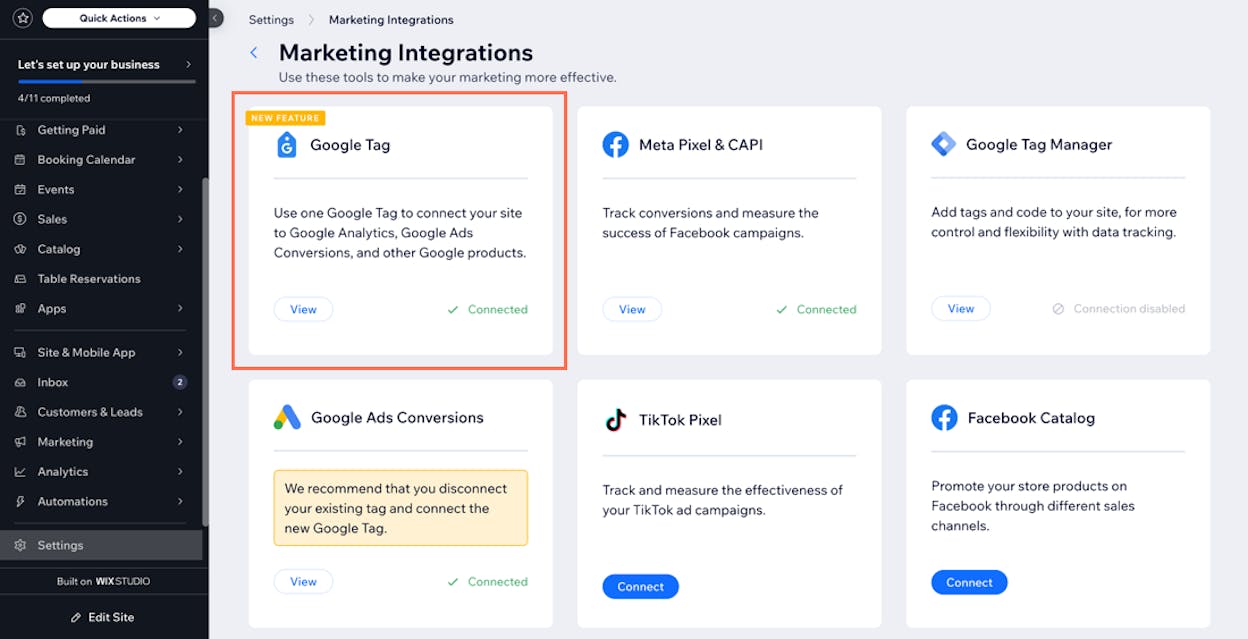 [Screenshot: Wix Marketing Integrations page showing the Google Analytics connection option]