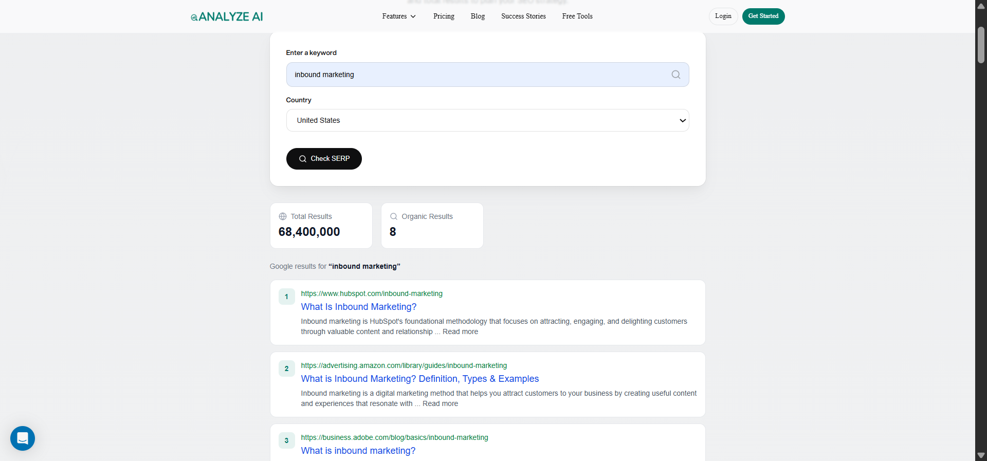 [Screenshot: Analyze AI SERP Checker showing the top-ranking pages for a keyword]
