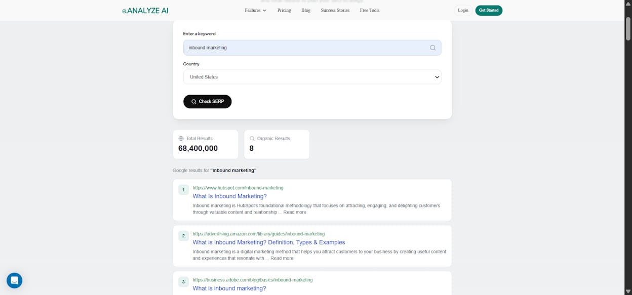 [Screenshot: Analyze AI SERP Checker showing the top-ranking pages for a keyword]