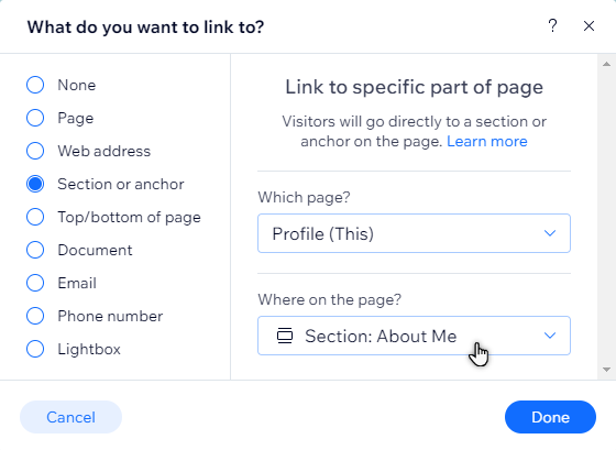[Screenshot: Wix text editor showing the internal link dialog with the page selection dropdown]