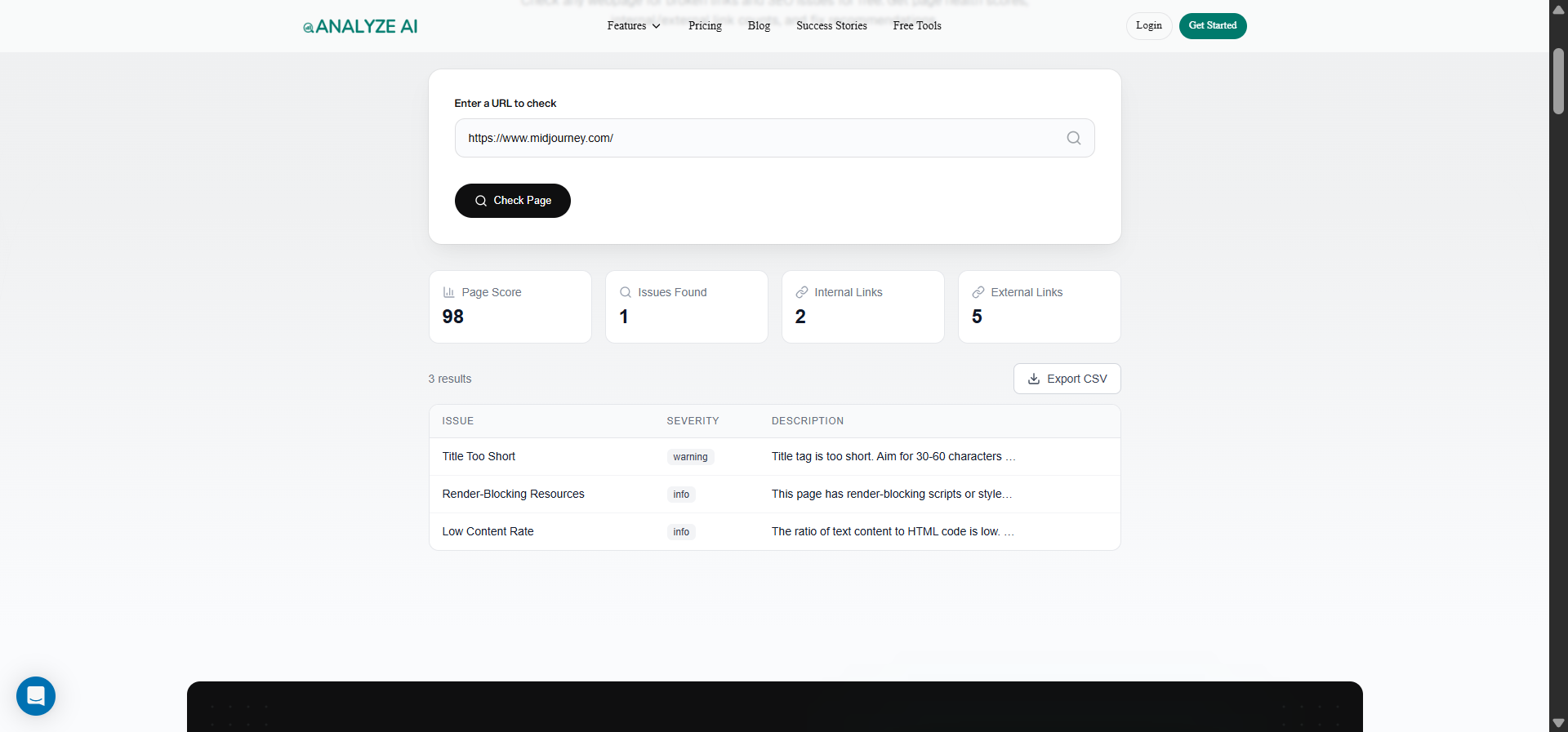 [Screenshot: Analyze AI Broken Link Checker results showing broken links found on a website]