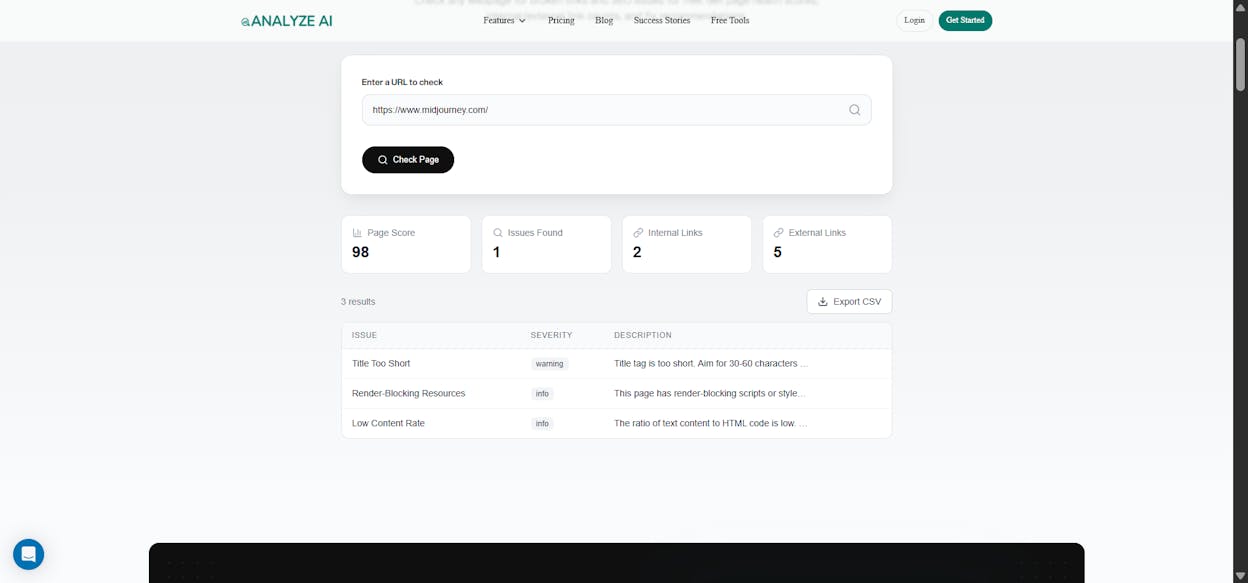 [Screenshot: Analyze AI Broken Link Checker results showing broken links found on a website]