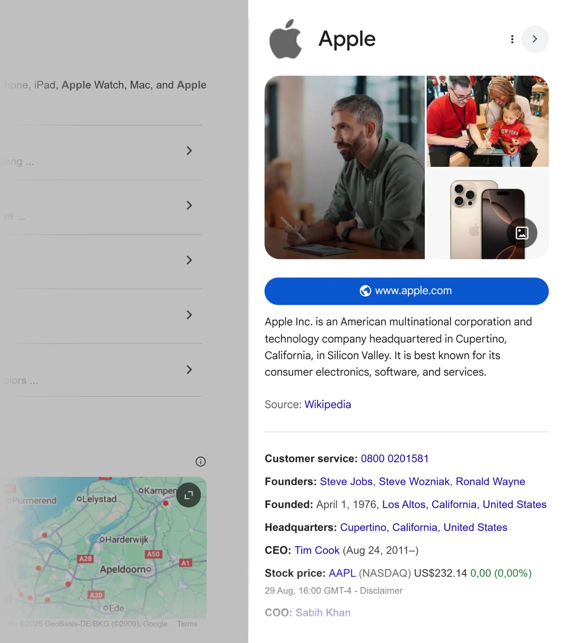 [Screenshot of a Google Knowledge Panel showing a well-known entity like Apple Inc., with structured data including founder, stock price, and related entities]