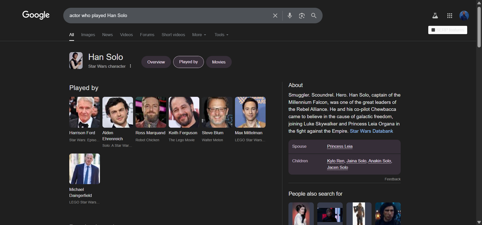 [Screenshot of Google search results for &ldquo;actor who played Han Solo&rdquo; showing Harrison Ford filmography]