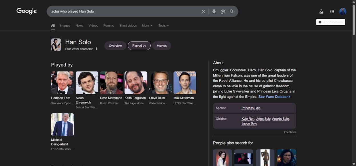 [Screenshot of Google search results for &ldquo;actor who played Han Solo&rdquo; showing Harrison Ford filmography]