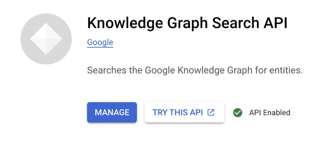 [Screenshot of Google Knowledge Graph API results for a recognized entity, showing entity type, description, and detailed URL]