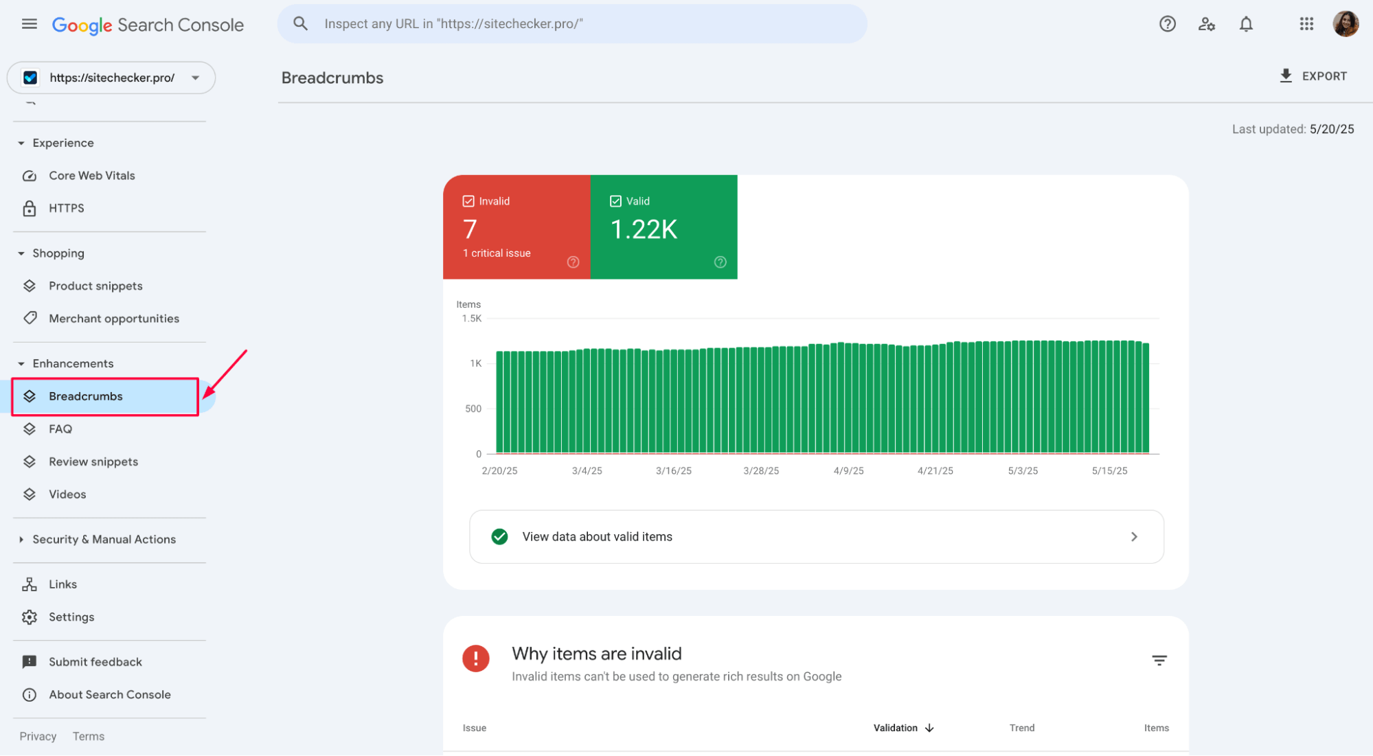 [Screenshot of Google Search Console Enhancements section showing detected schema types and error counts]