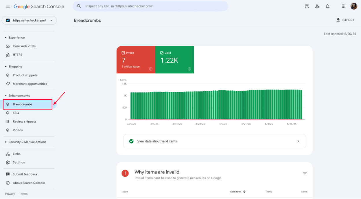 [Screenshot of Google Search Console Enhancements section showing detected schema types and error counts]