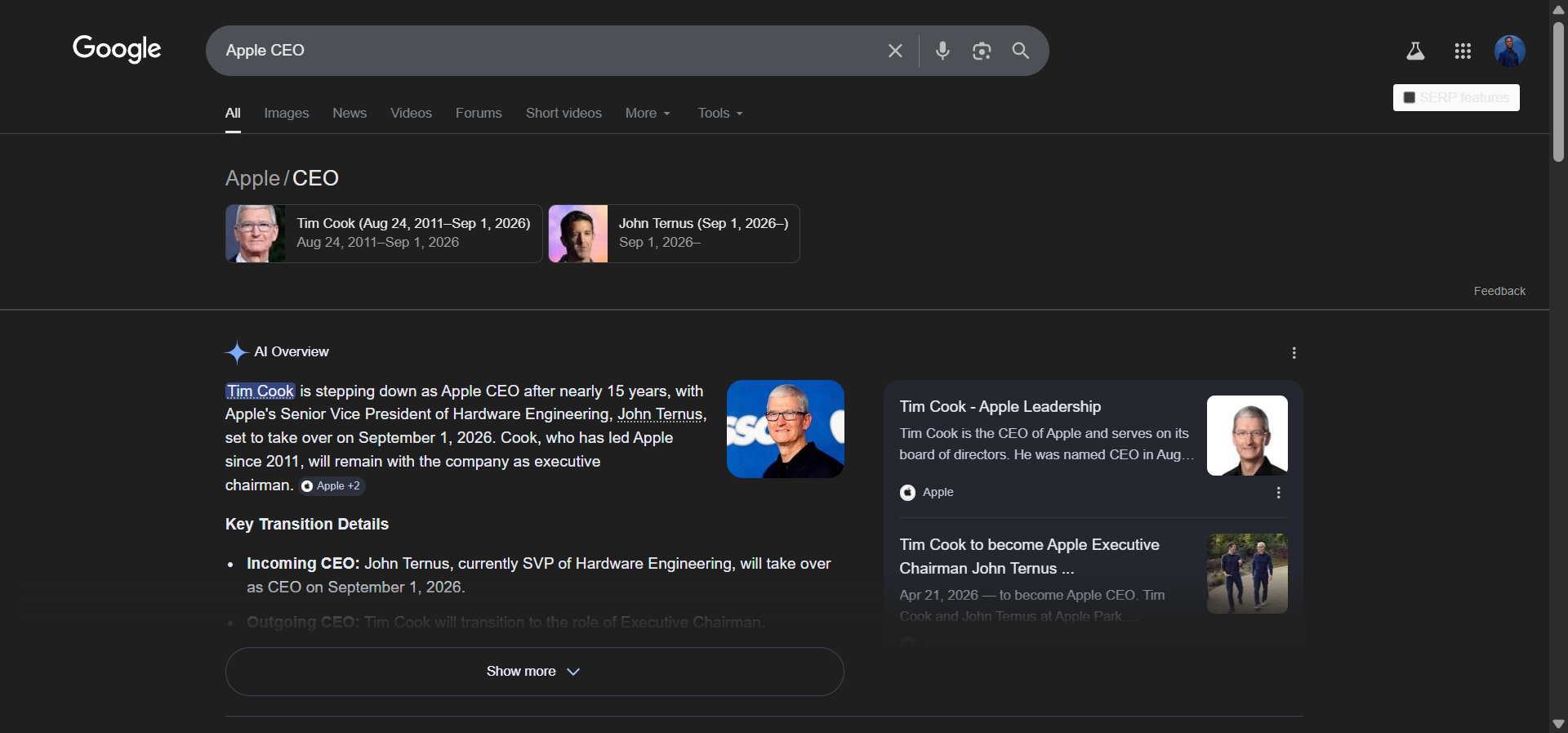 [Screenshot of Google SERP showing a Knowledge Panel result for an entity-based query like &ldquo;Apple CEO&rdquo; or a similar entity-relationship query]