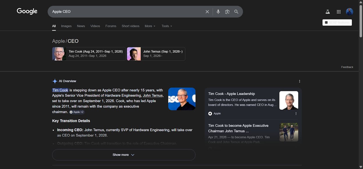 [Screenshot of Google SERP showing a Knowledge Panel result for an entity-based query like &ldquo;Apple CEO&rdquo; or a similar entity-relationship query]