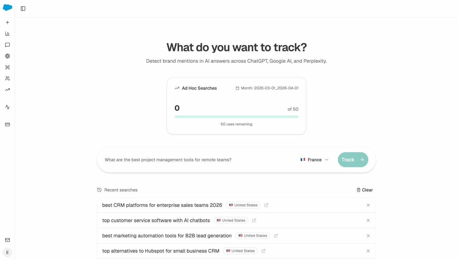 Analyze AI Ad Hoc Prompt Search interface showing how to test brand mentions across AI engines