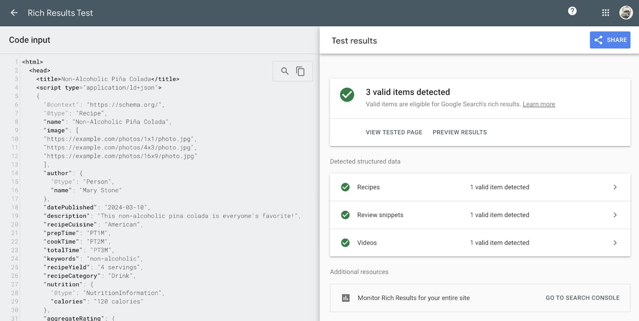 [Screenshot of Google Rich Results Test showing validated Organization schema markup]