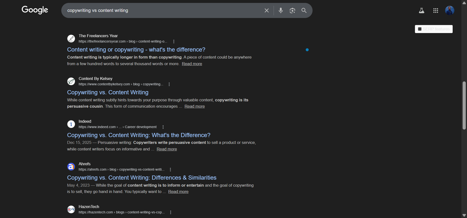 [Screenshot: Google search results page for &ldquo;copywriting vs content writing&rdquo; showing the types of content ranking]