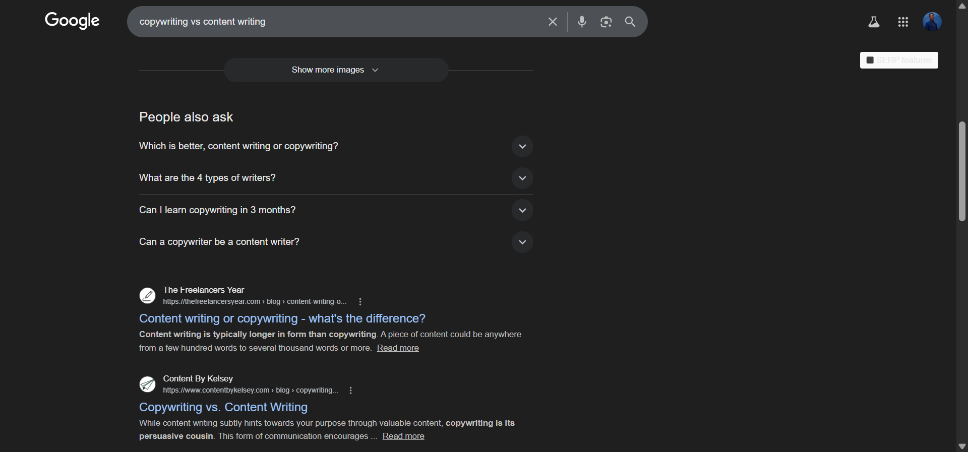 [Screenshot: Google People Also Ask box for &ldquo;copywriting vs content writing&rdquo; showing related questions]