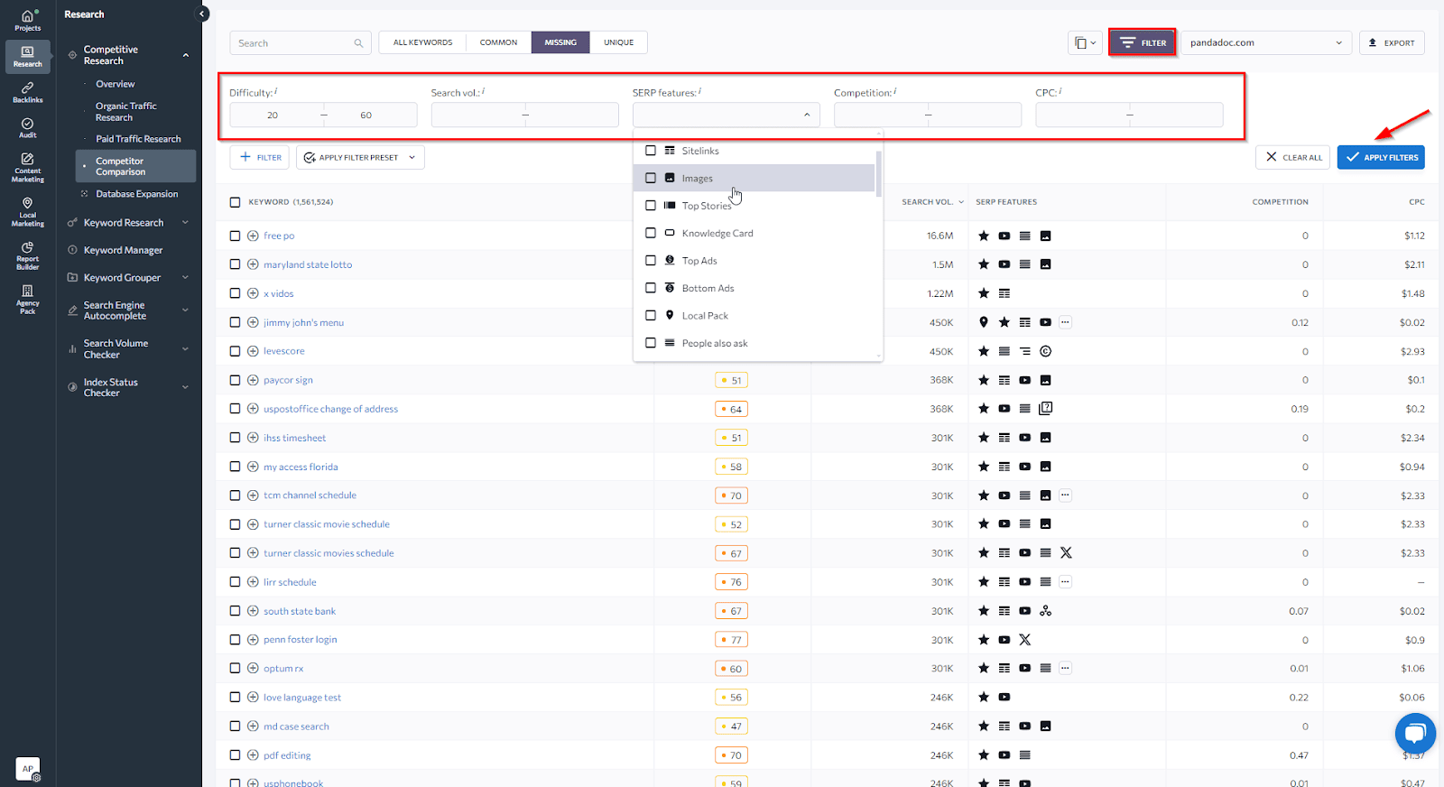 [Screenshot: A content gap report showing keywords that multiple competitors rank for but the target site does not, with columns for keyword, volume, and difficulty]