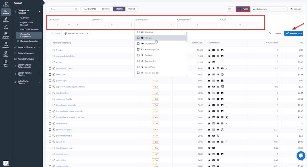 [Screenshot: A content gap report showing keywords that multiple competitors rank for but the target site does not, with columns for keyword, volume, and difficulty]