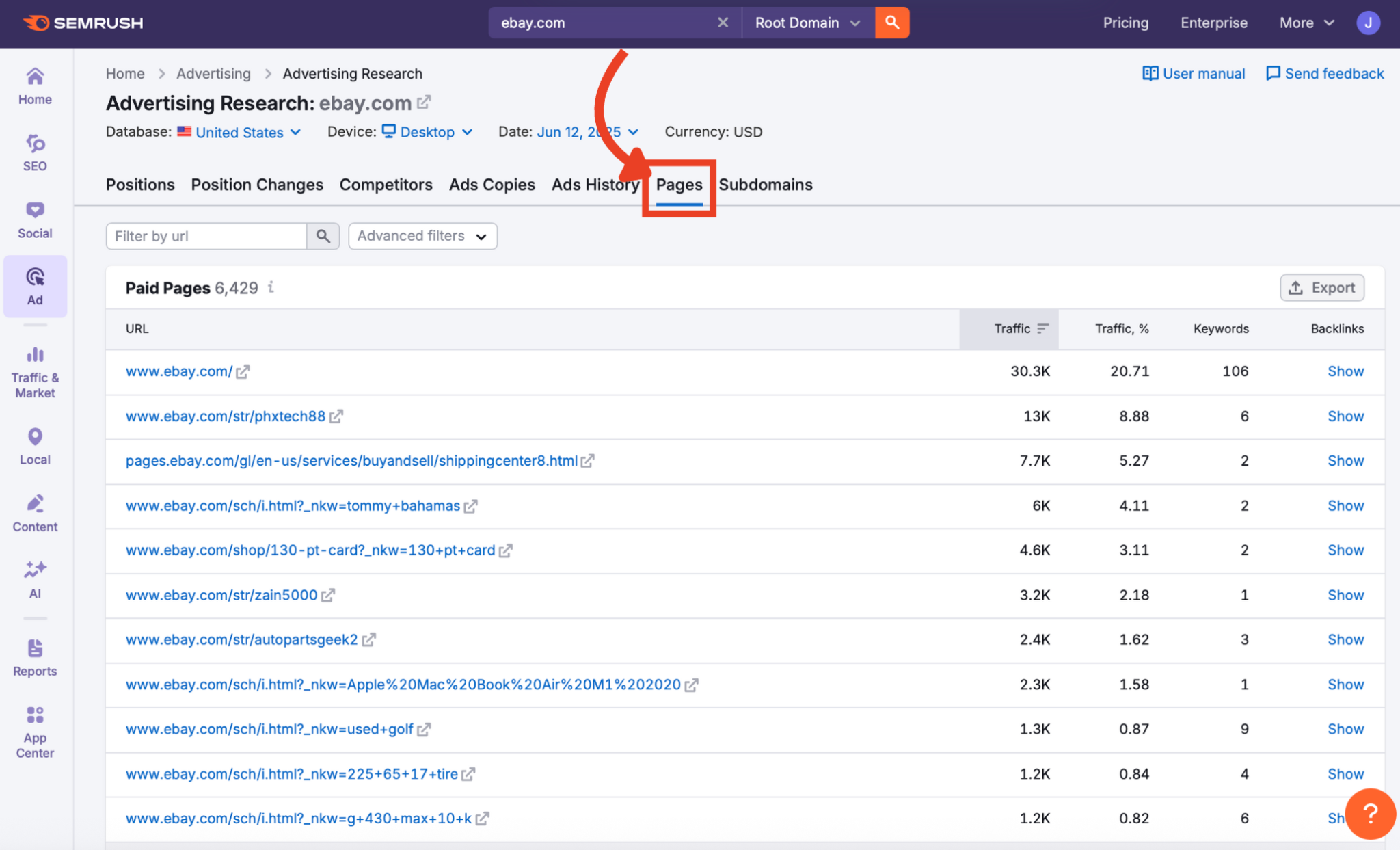[Screenshot: An ads report showing actual ad copy, landing page URLs, and the keywords triggering each ad, with location filters visible]