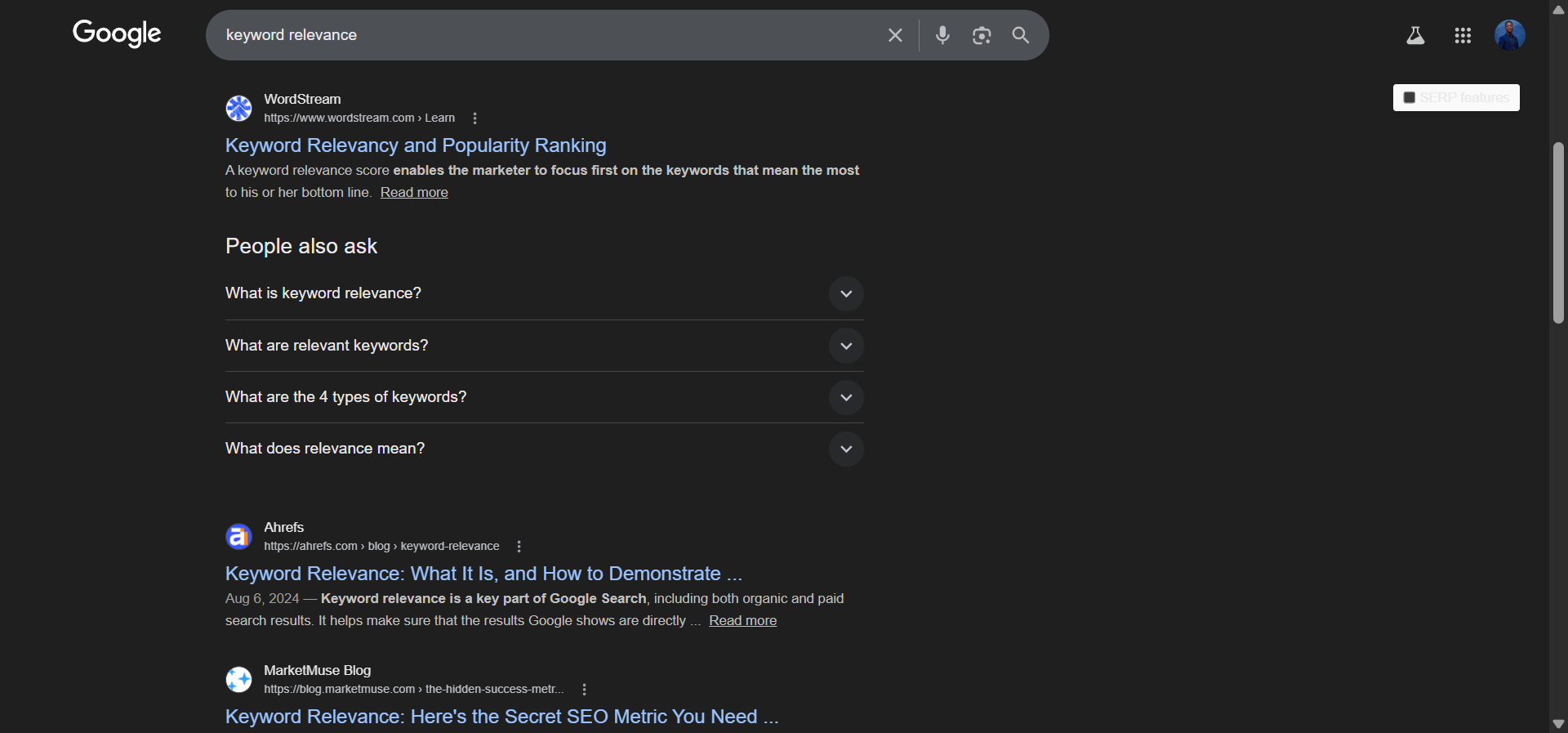 [Screenshot of Google SERP showing top results for &ldquo;keyword relevance&rdquo; to illustrate analyzing content type, format, and angle]