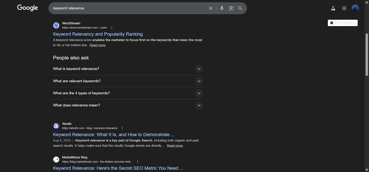[Screenshot of Google SERP showing top results for &ldquo;keyword relevance&rdquo; to illustrate analyzing content type, format, and angle]