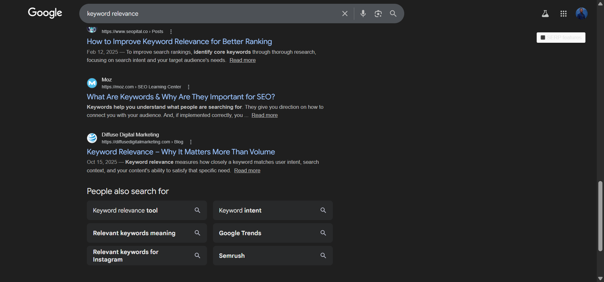 [Screenshot of Google&rsquo;s &ldquo;People Also Ask&rdquo; box and &ldquo;Related Searches&rdquo; section for the query &ldquo;keyword relevance&rdquo;]