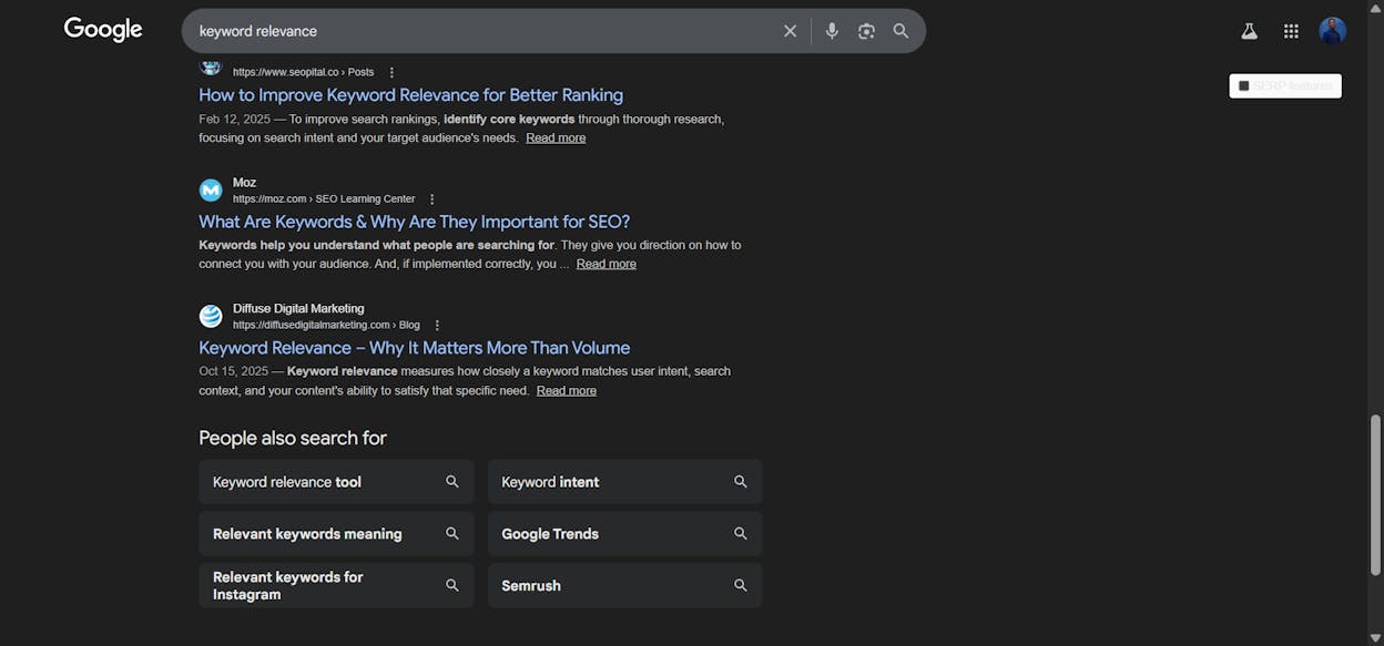 [Screenshot of Google&rsquo;s &ldquo;People Also Ask&rdquo; box and &ldquo;Related Searches&rdquo; section for the query &ldquo;keyword relevance&rdquo;]