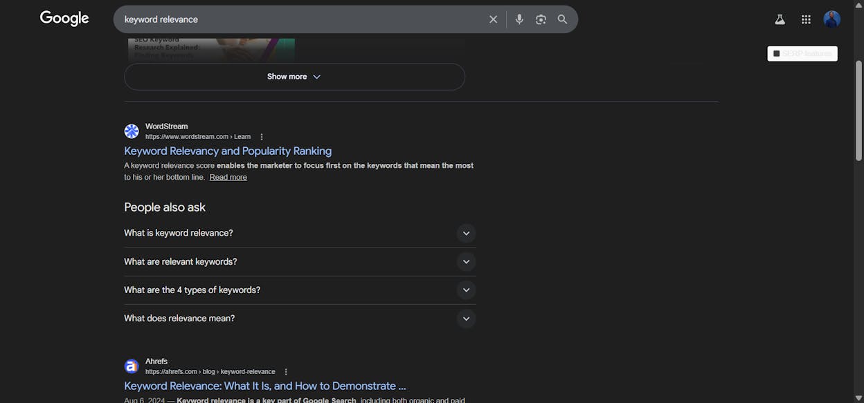 [Screenshot of &ldquo;People Also Ask&rdquo; questions for &ldquo;keyword relevance&rdquo; showing related queries users are also searching]