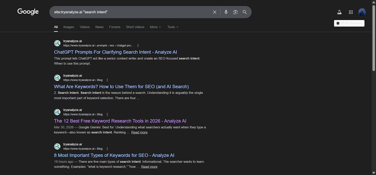 [Screenshot of Google site search showing how to find internal linking opportunities using the site: operator]
