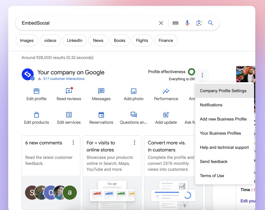 [Screenshot of Google Business Profile Manager showing the search and claim flow]