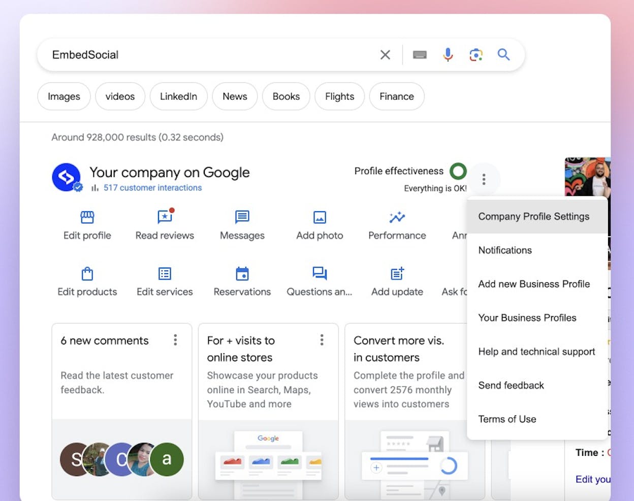 [Screenshot of Google Business Profile Manager showing the search and claim flow]