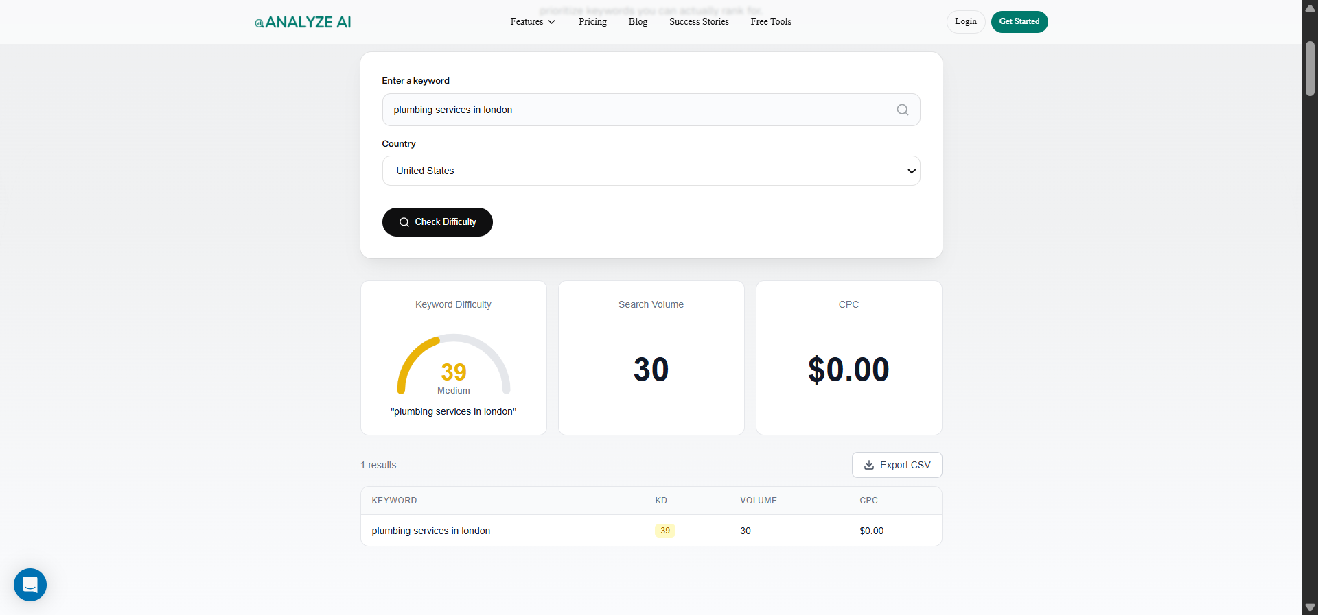 [Screenshot of Analyze AI&rsquo;s keyword difficulty checker showing difficulty scores for local plumbing keywords]