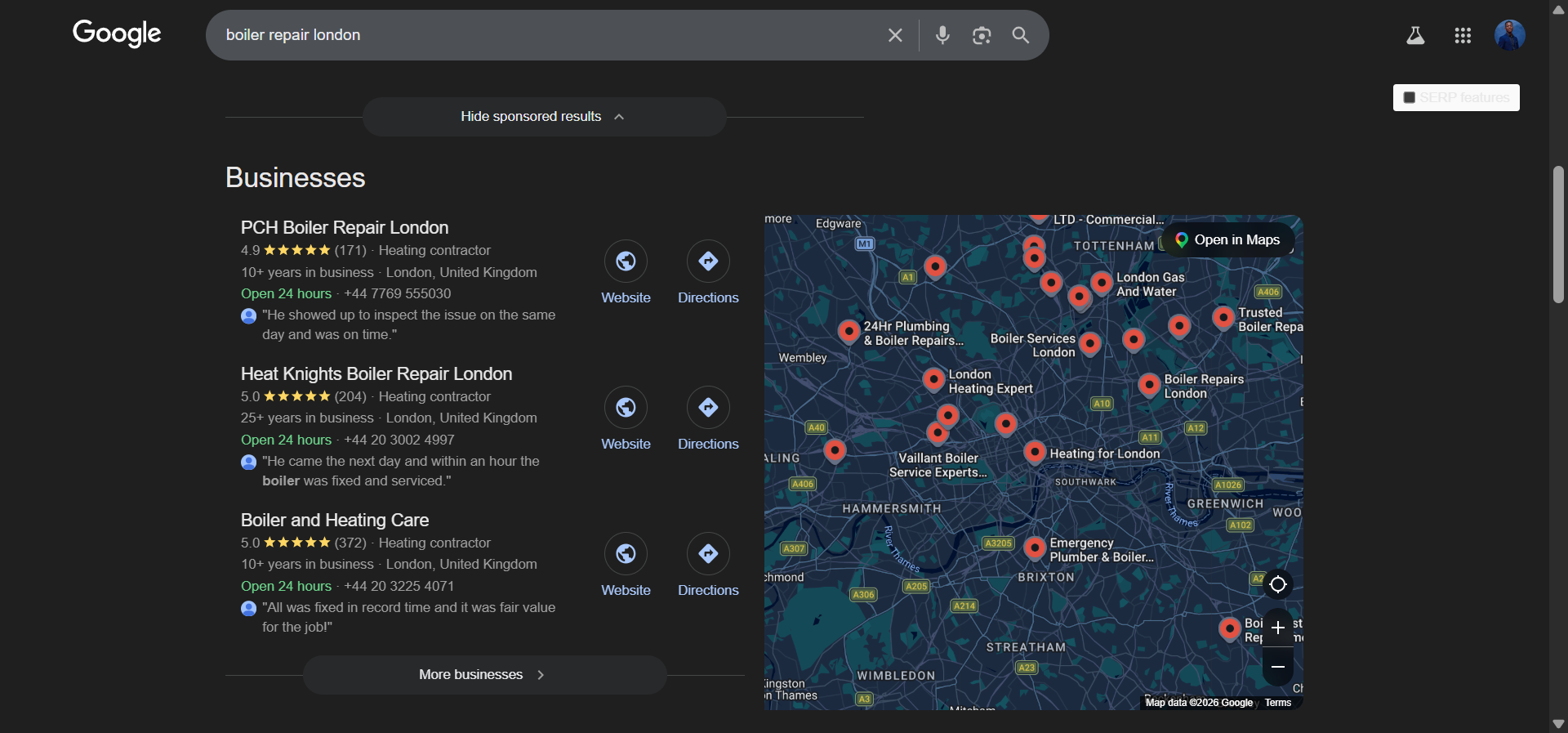 [Screenshot of Google search results for &ldquo;boiler repair london&rdquo; showing local results with SEO toolbar data]