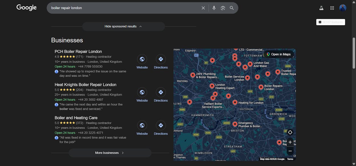 [Screenshot of Google search results for &ldquo;boiler repair london&rdquo; showing local results with SEO toolbar data]