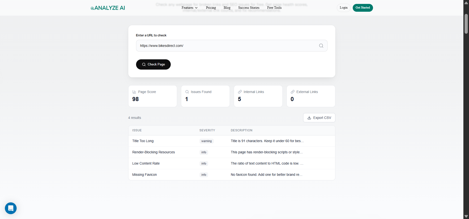 [Screenshot of Analyze AI&rsquo;s broken link checker showing 404 pages on a local business website]