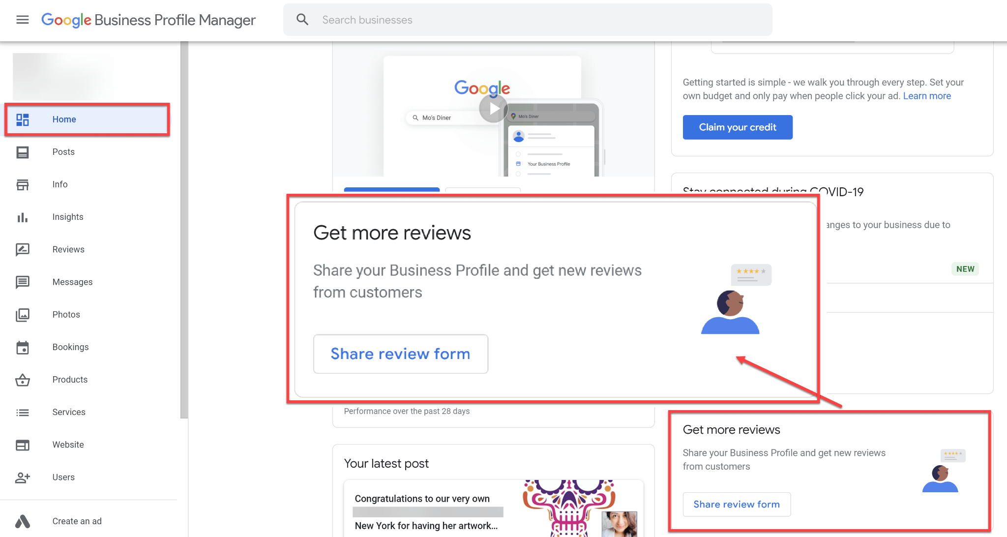 [Screenshot of Google Business Profile Manager showing the &ldquo;Share review form&rdquo; button and the generated review link]