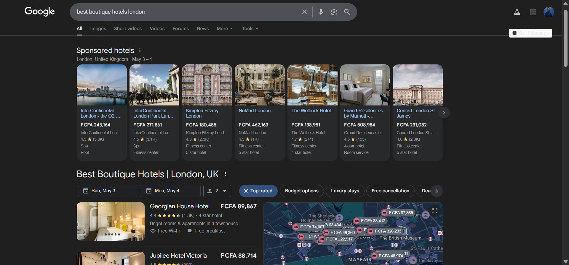 [Screenshot of Google search results for &ldquo;best boutique hotels london&rdquo; showing a mix of directories and blog posts with traffic data visible]