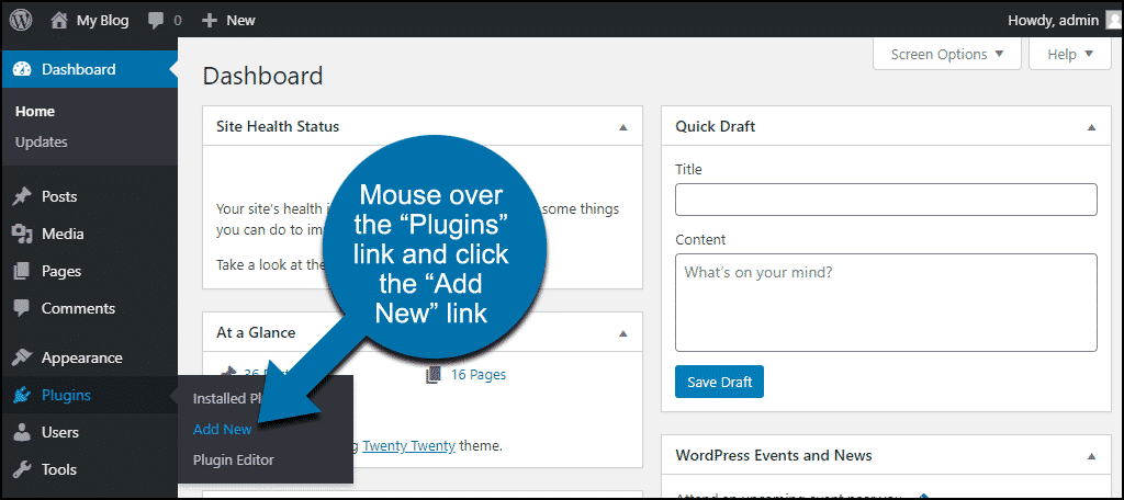 [Screenshot: WordPress dashboard showing Plugins > Add New in the left sidebar navigation]