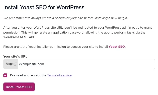 [Screenshot: WordPress plugin search results showing Yoast SEO with the Install Now button]