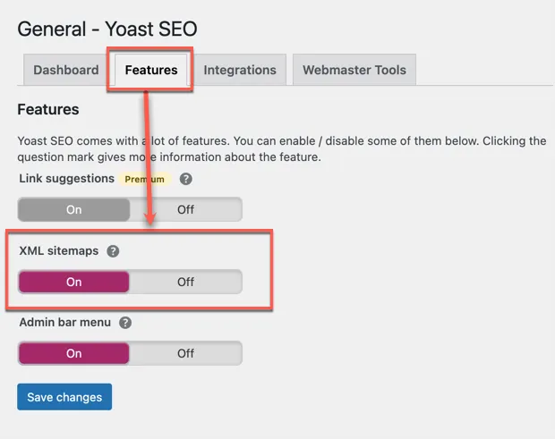 [Screenshot: Yoast SEO settings page showing the XML sitemaps toggle in the on position]