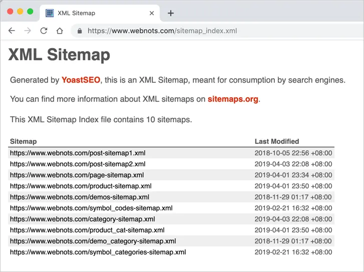 [Screenshot: Browser showing a Yoast-generated sitemap index file with links to post-sitemap.xml, page-sitemap.xml, and category-sitemap.xml]
