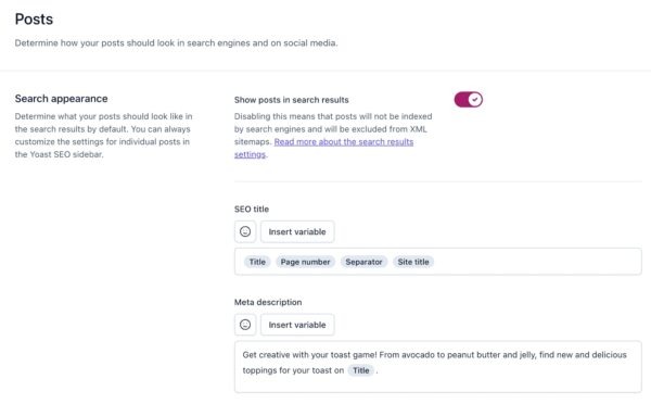 [Screenshot: Yoast SEO Search Appearance settings showing toggle options for including/excluding content types from sitemap]