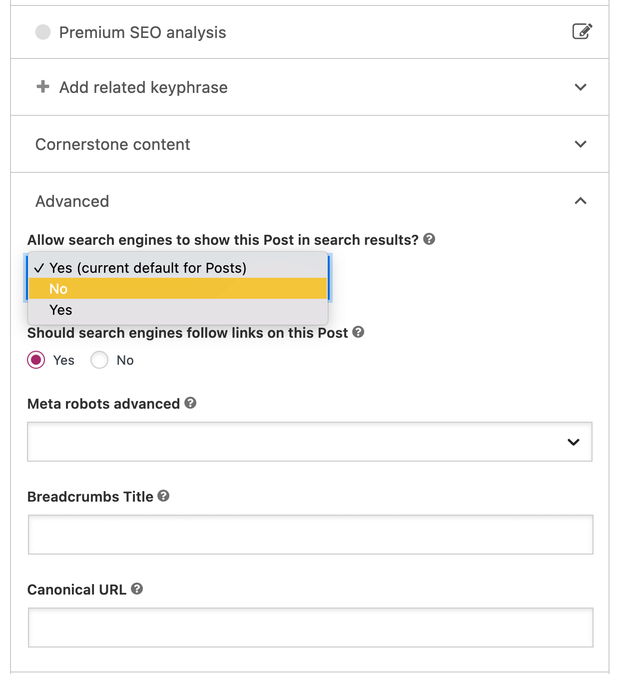 [Screenshot: Yoast SEO meta box in the WordPress post editor showing the Advanced tab with the noindex toggle]