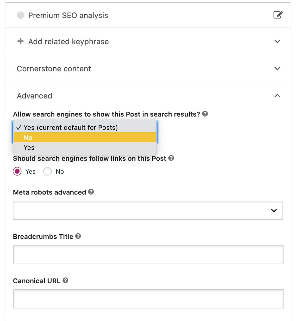 [Screenshot: Yoast SEO meta box in the WordPress post editor showing the Advanced tab with the noindex toggle]