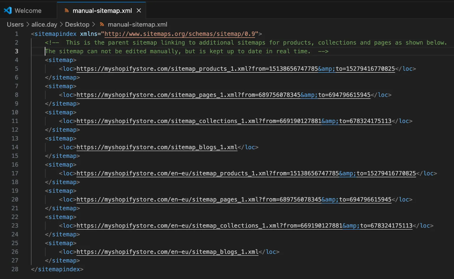 [Screenshot: Browser showing a Shopify-generated sitemap index file at yourstore.com/sitemap.xml]