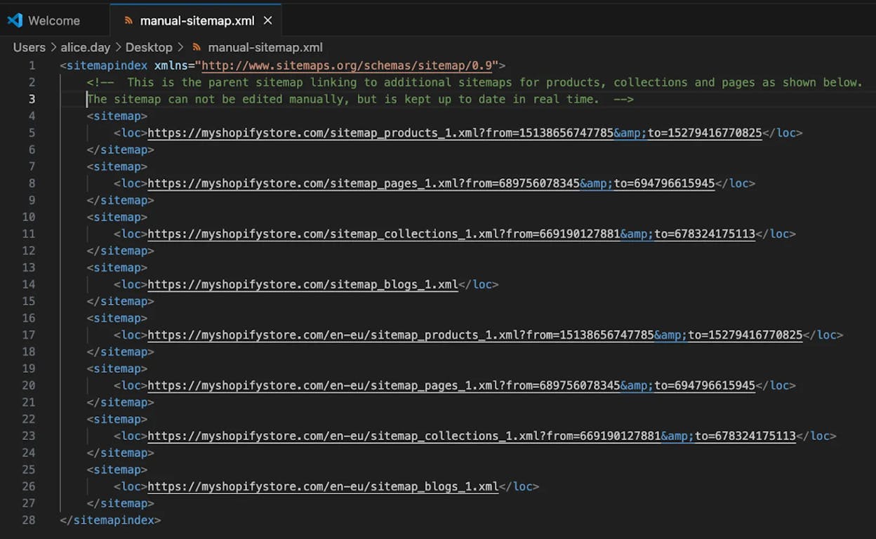 [Screenshot: Browser showing a Shopify-generated sitemap index file at yourstore.com/sitemap.xml]
