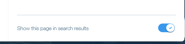 [Screenshot: Wix page settings showing the SEO tab with the &ldquo;Show this page in search results&rdquo; toggle]