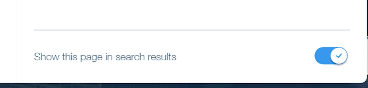 [Screenshot: Wix page settings showing the SEO tab with the &ldquo;Show this page in search results&rdquo; toggle]