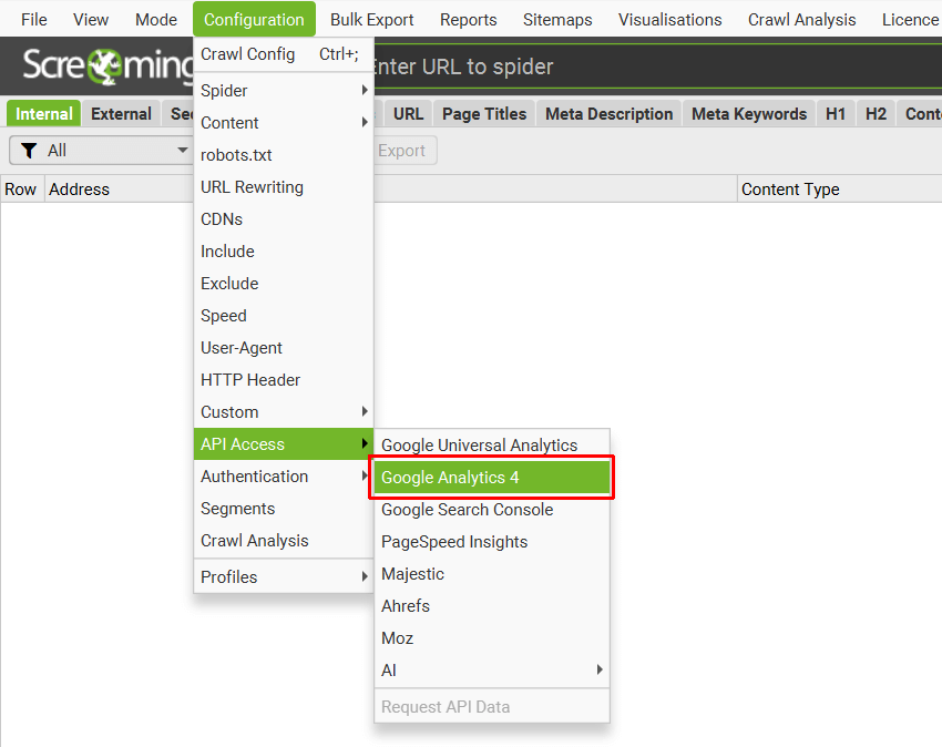 [Screenshot: Screaming Frog interface showing the URL input field with a homepage URL entered]