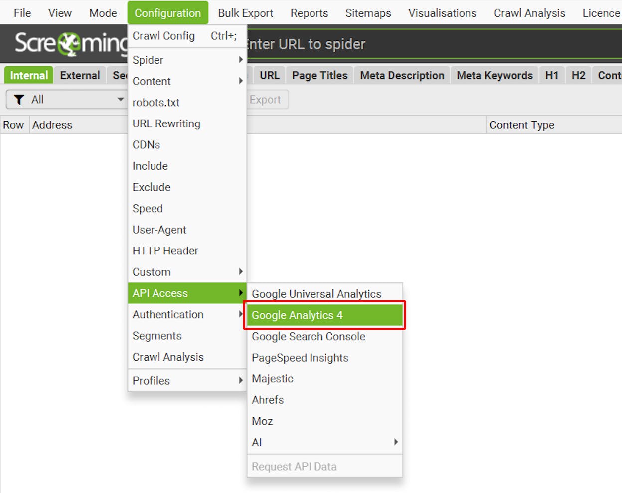 [Screenshot: Screaming Frog interface showing the URL input field with a homepage URL entered]